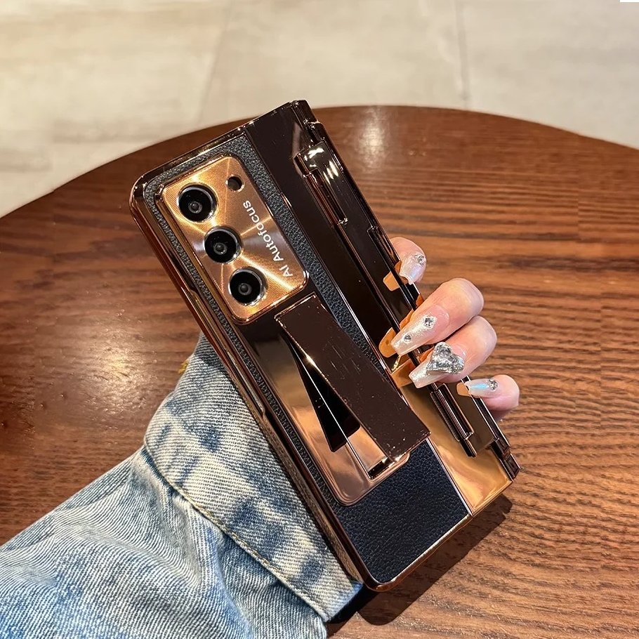 Galaxy Z Fold Series Elegant Plating Leather Stand Case Mobile Case by CoverMeUp - Style 2