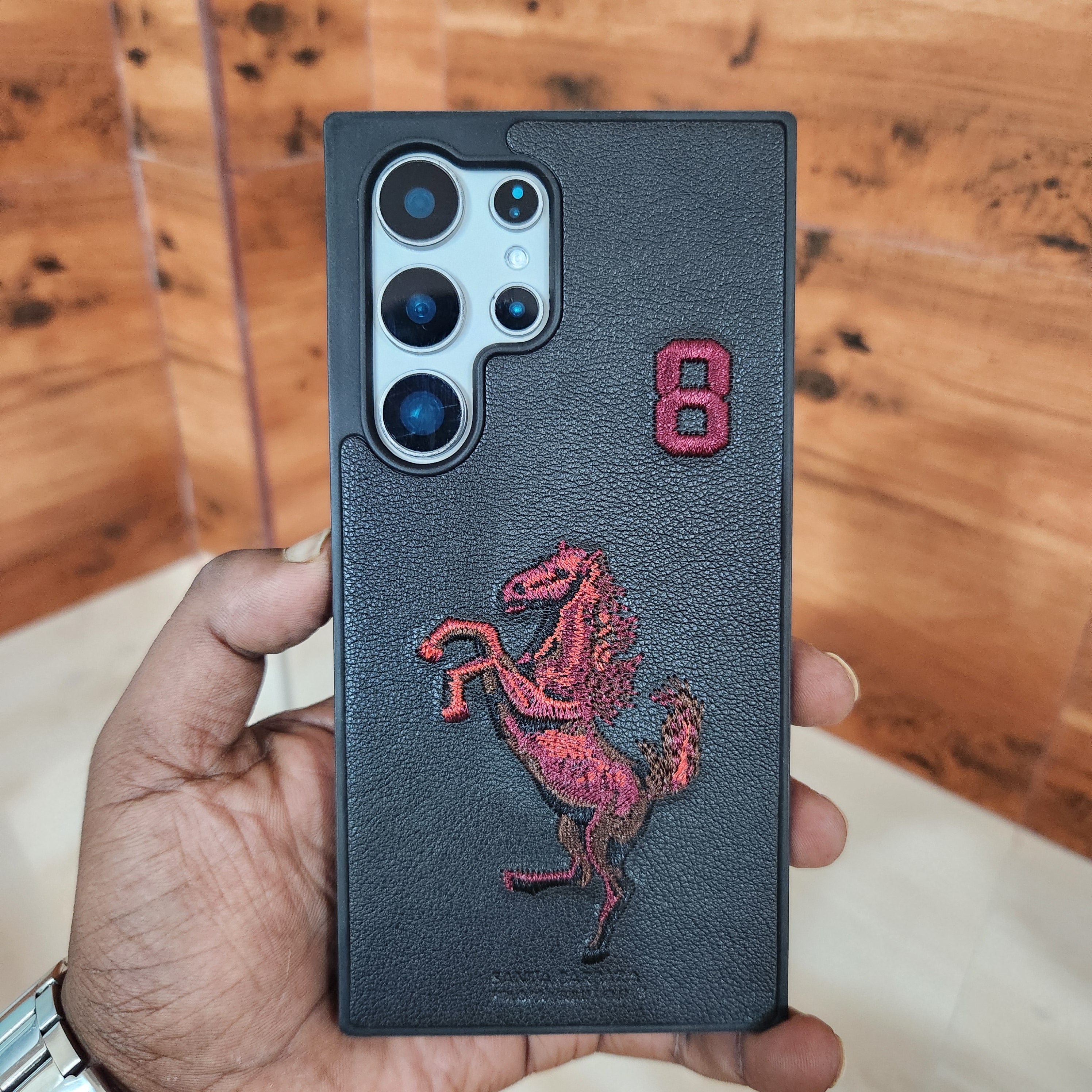 Samsung Galaxy S24 Ultra Hourse Embroidery PU Leather Case with Cloth Inside - Black/Red