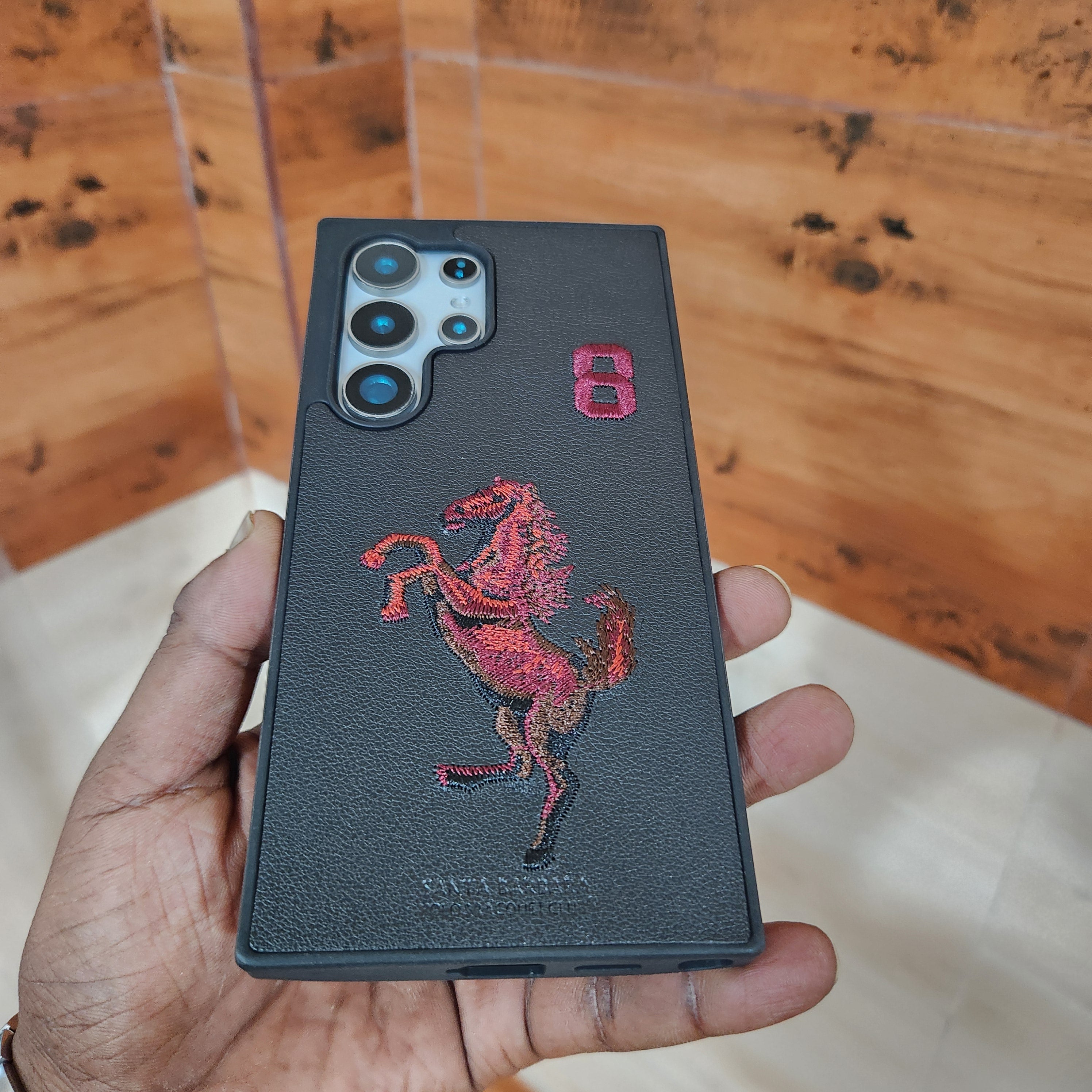 Samsung Galaxy S24 Ultra Hourse Embroidery PU Leather Case with Cloth Inside - Black/Red