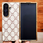 Samsung Galaxy Z Fold7 Luxury Check Pettern Gold Plated Leather Case - White