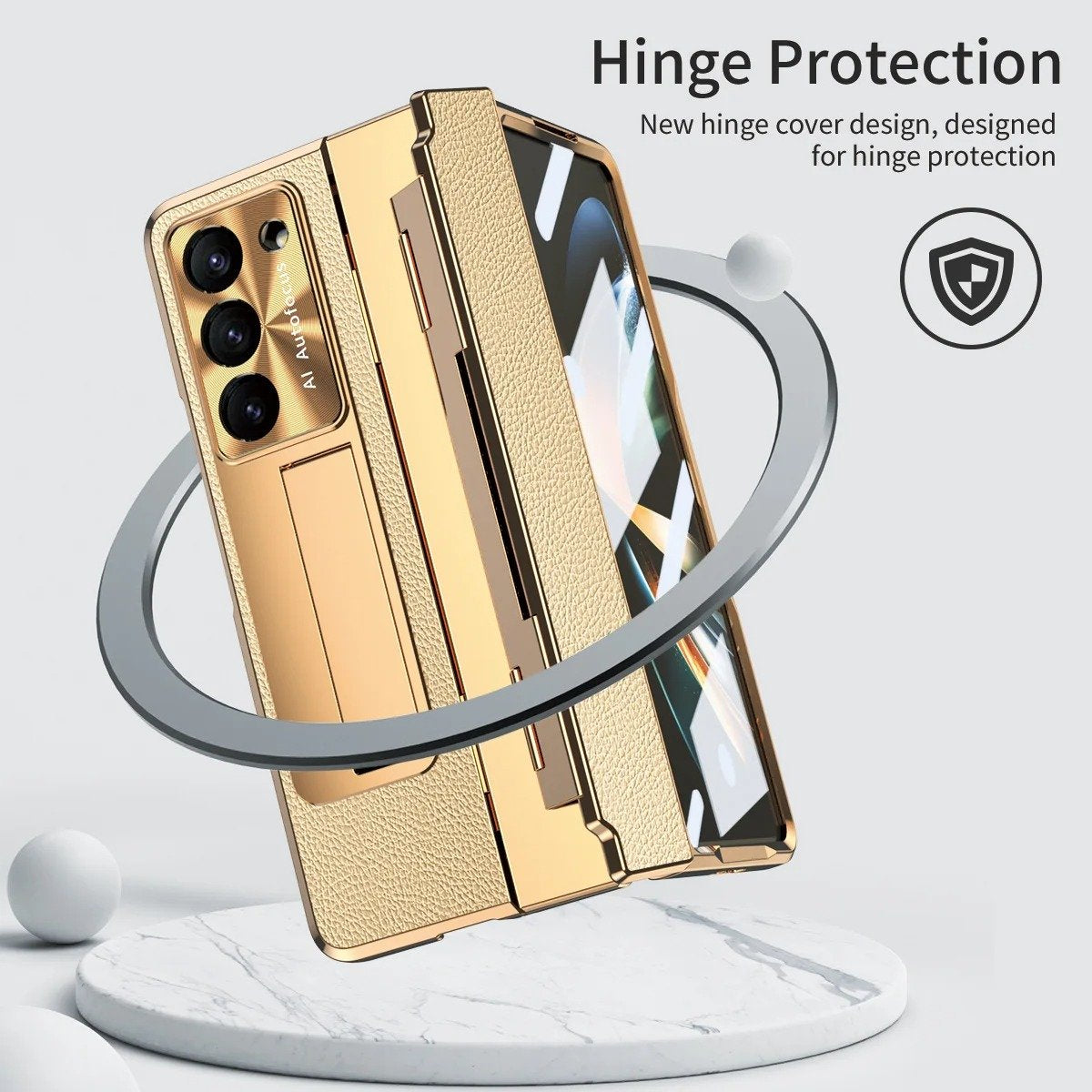 Galaxy Z Fold Series Elegant Plating Leather Stand Case Mobile Case by CoverMeUp - Style 18