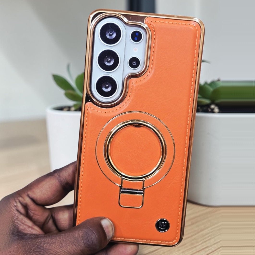 Samsung Galaxy S26 Ultra Luxury Leather Magnetic Shockproof Case with Magsafe & Ring Stand - Orange Mobile Case by CoverMeUp - Style 2