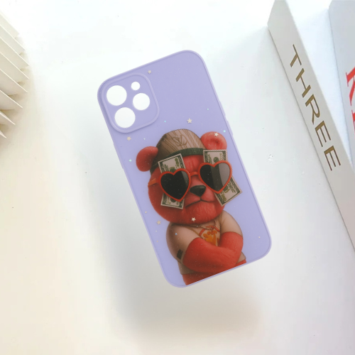 Glitter Printed Animal Teddy Bear Silicon Hard Case for iPhone Purple Color