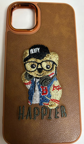 3D Embroidered Polo Bear Leather Brown Back Case Compatible with iPhone with metal ring protection