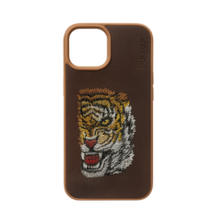 Embroidered Tiger Series Leather Back Case Compatible with iPhone with ring protection