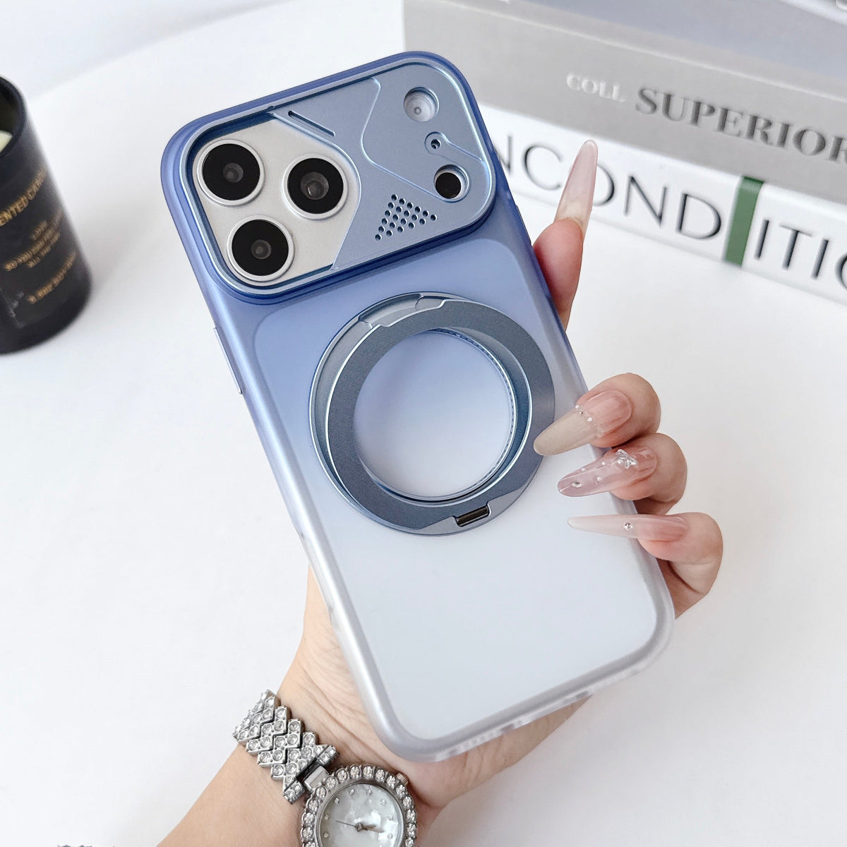 Dual Colour Matte Finish MagSafe 360° Rotating Stand With Metal Camera Cover Hard Case For iPhone 17 Pro Max / 18 Pro Max (Glacier Blue)