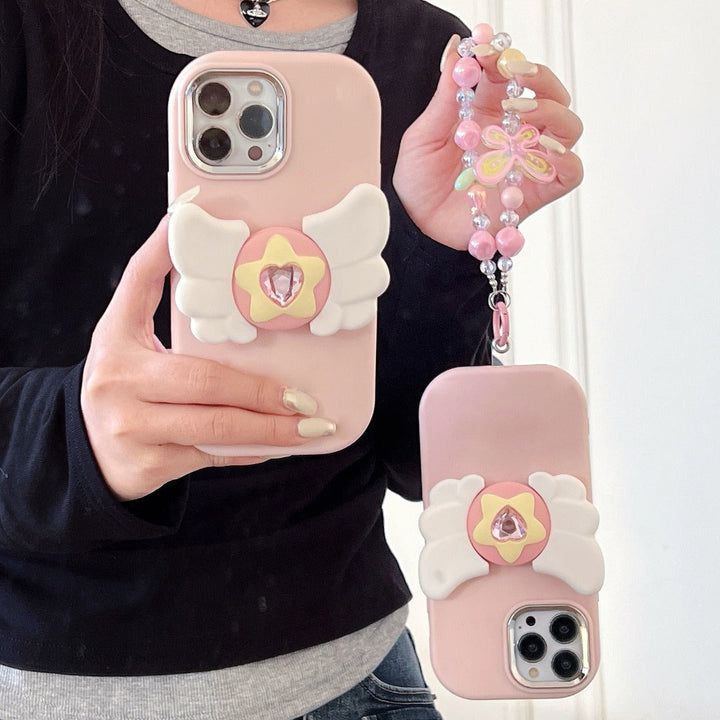 Protective Apple iPhone Back Cover - Cute Pink 3D Feathers Bracelet Lanyard Soft Rubber Silicone iPhone Case