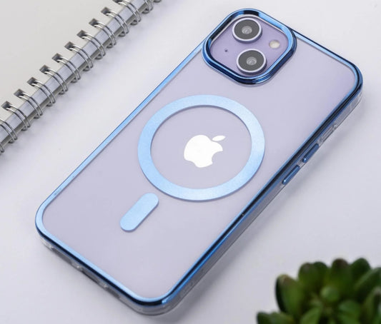 JMGOKIT MagSafe Transparent Case Compatible with iPhone with Chrome Sides Blue Color