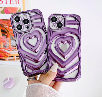 Clear Cute 3D Love Heart Pattern Purple Glitter Bling Soft Silicone Shockproof Girls Women Case for iPhone