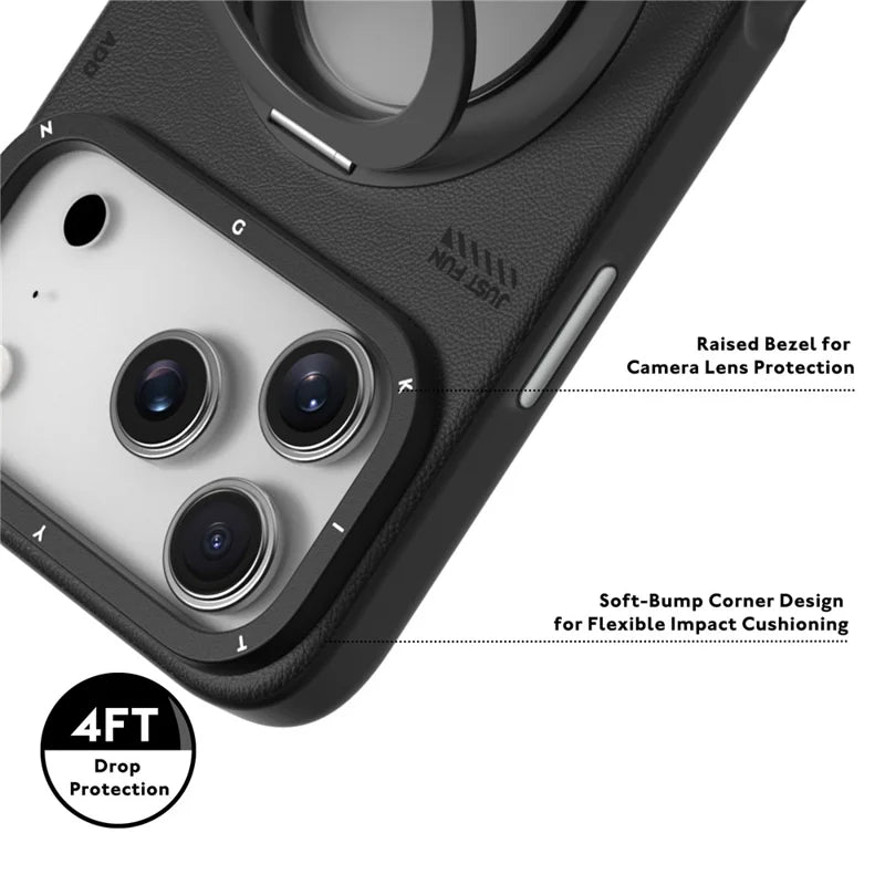YOUNGKIT Rotating Magsafe Stand Shockproof TPU + PU Leather Phone Back Cover for iPhone 17 Pro - BLACK