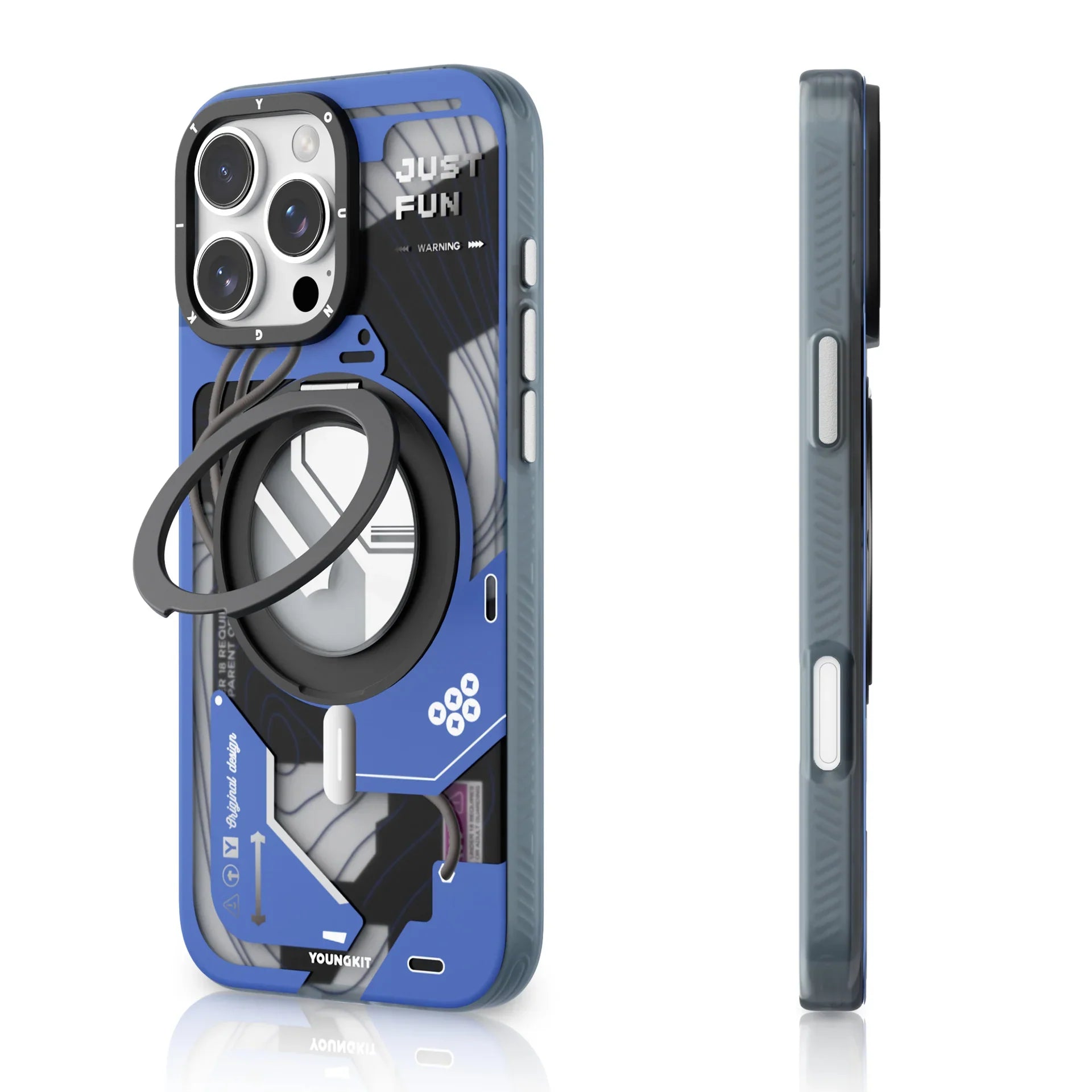 Protective Apple iPhone Back Cover - YOUNGKIT Cyberpunk 360° Rotation Ring Stand Case for iPhone 16 Pro Max (Blue) - Style 2