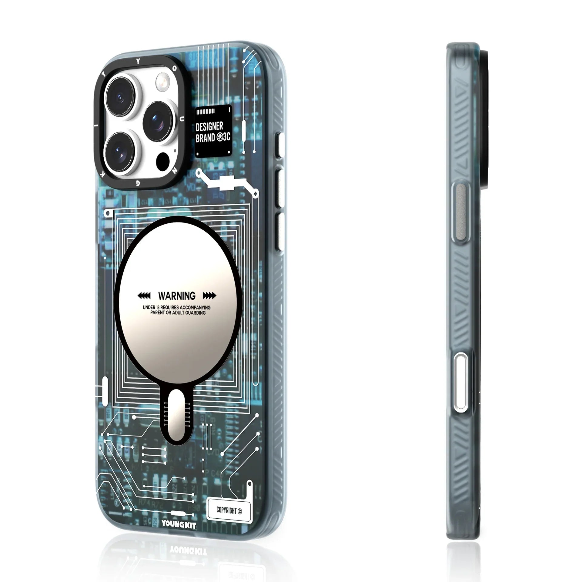 Protective Apple iPhone Back Cover - YOUNGKIT Futuristic Circuit Board Magsafe Case for iPhone 16 Pro (Blue) - Style 2