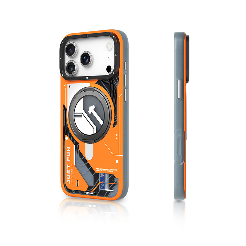 YOUNGKIT Cyberpunk 360° Rotation Ring Stand Case for iPhone 17 Pro Max (ORANGE)
