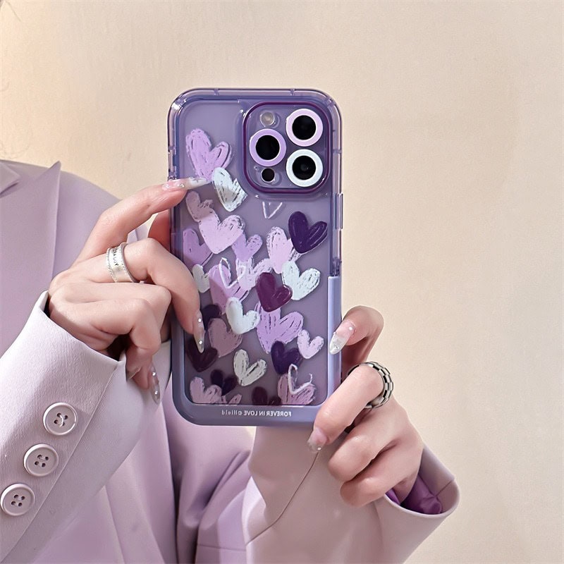 Protective Apple iPhone Back Cover - Hearts Purple Holder Stand Semi-Transparent iPhone Case - Style 3