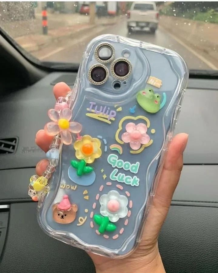 Protective Apple iPhone Back Cover - 3D Frog Floral Bear Characters With Lanyard Bracelet Transparent iPhone Case