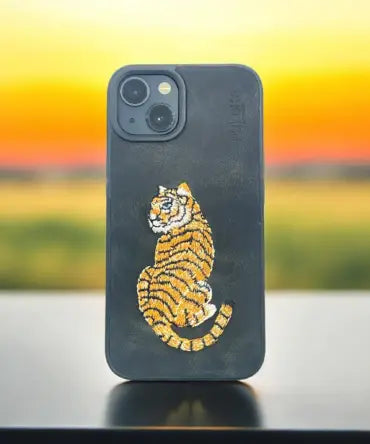 Handmade Stitched Tiger Leather Embroidered Back Case for iPhone