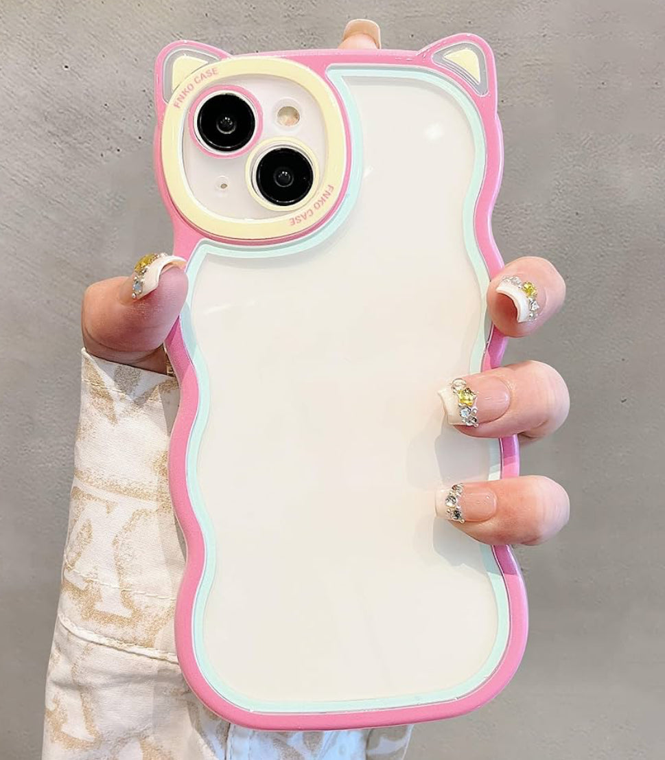 Cute Curly Wave Frame Case with 3D Cat Ears Soft Silicon Clear Case for iPhone