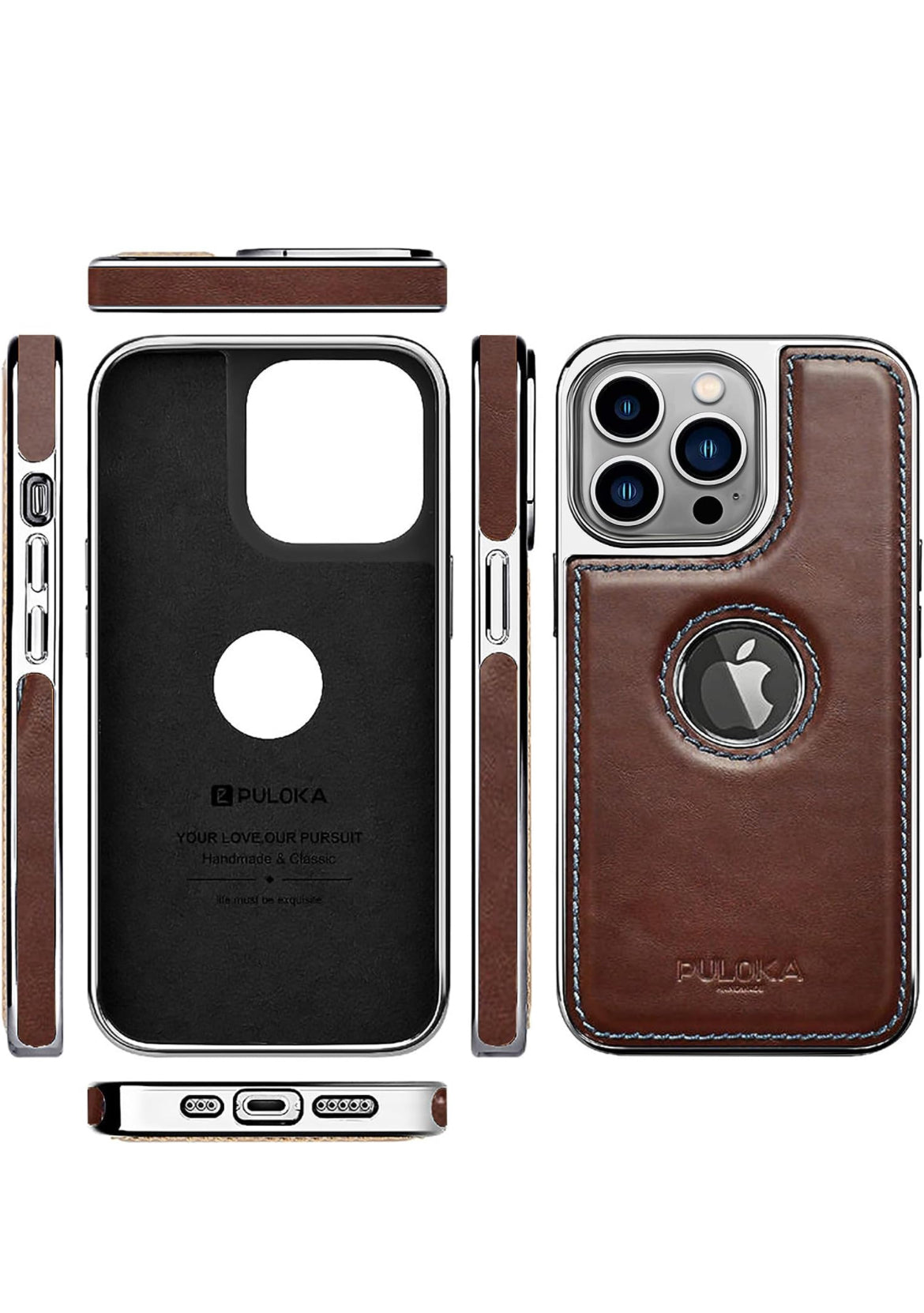 PULOKA iPhone Electroplated TPU Leather Back Case | Slim Logo Cut Bumper Cover Designed for Apple iPhone  - Brown