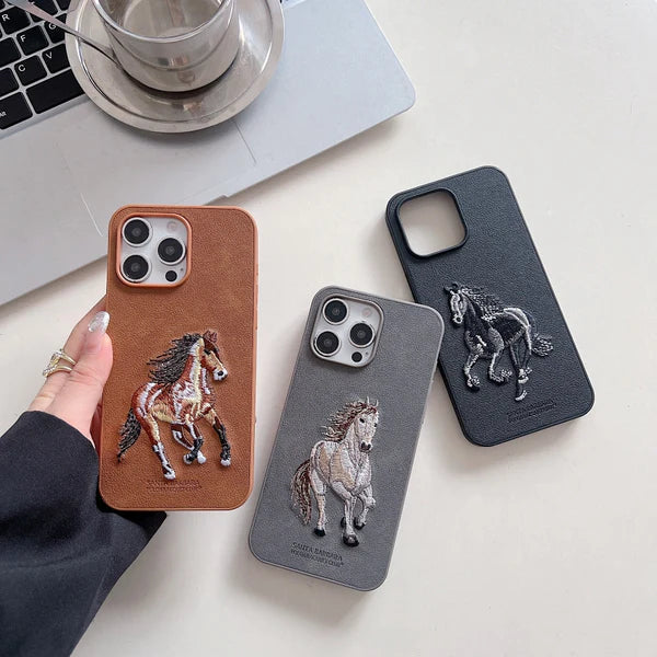 3D Embroided Horse Design PU Leather Phone Case for Samsung S23 Ultra