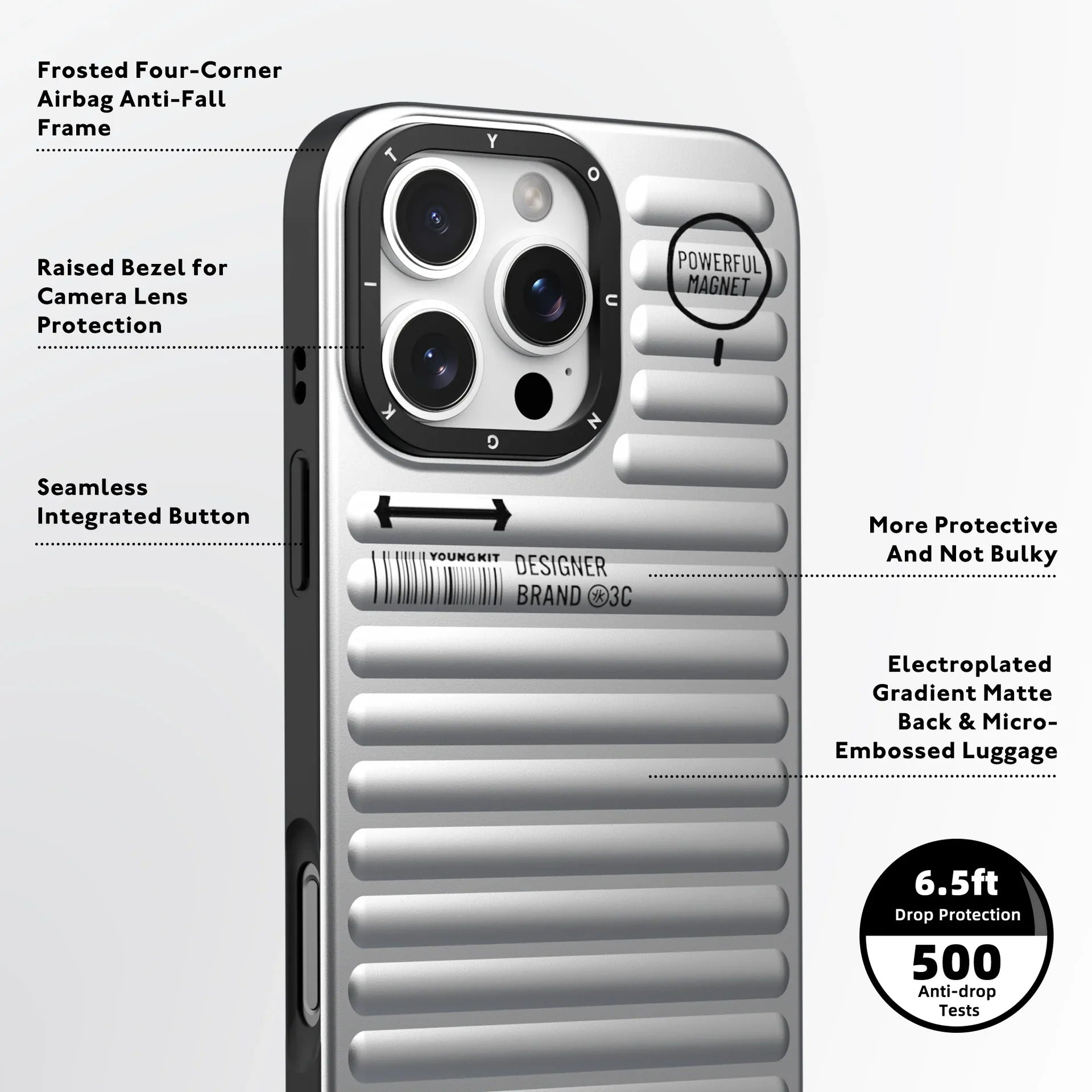 Protective Apple iPhone Back Cover - YOUNGKIT Luggage Series True Colour Case for iPhone 16 Pro (Silver) - Style 3