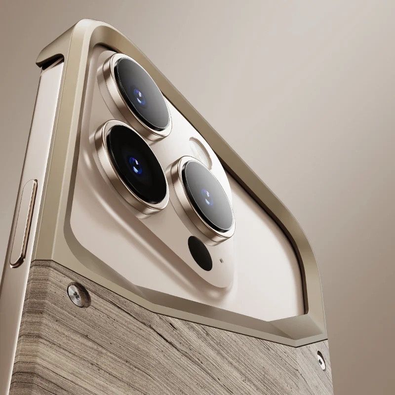 Protective Apple iPhone Back Cover - Hybrid Wooden Metal New Design Case For iPhone 16 Pro (Desert Titanium) - Style 4