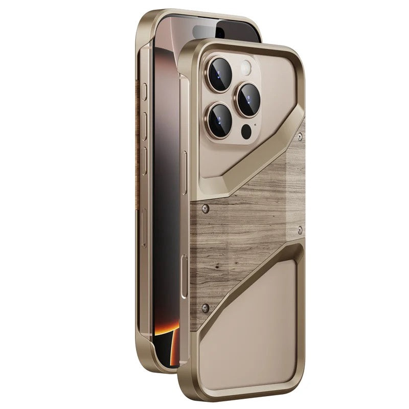Protective Apple iPhone Back Cover - Hybrid Wooden Metal New Design Case For iPhone 16 Pro Max (Desert Titanium)