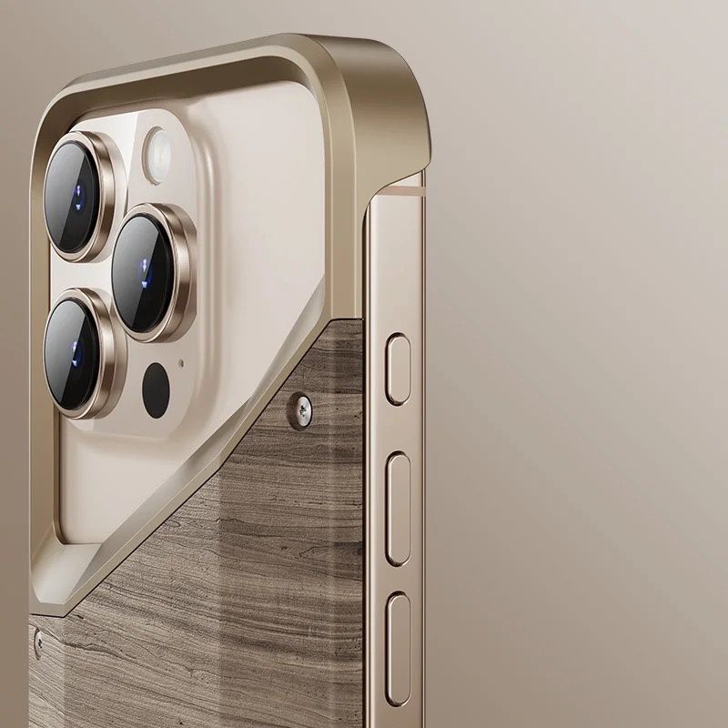 Protective Apple iPhone Back Cover - Hybrid Wooden Metal New Design Case For iPhone 16 Pro (Desert Titanium) - Style 5