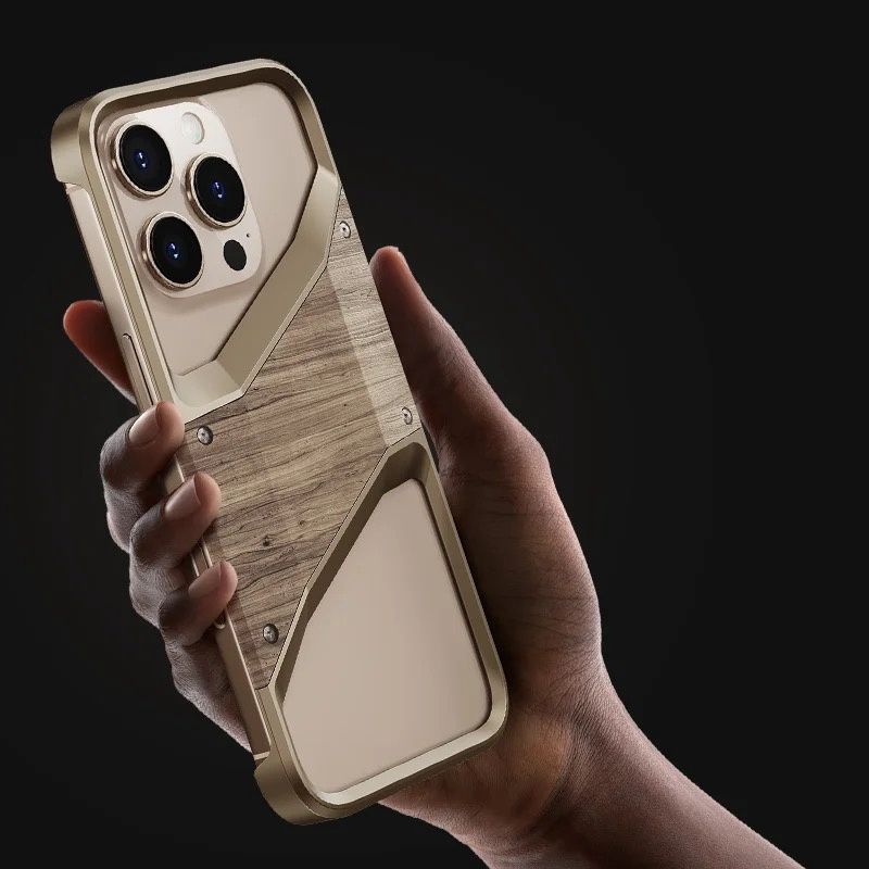 Protective Apple iPhone Back Cover - Hybrid Wooden Metal New Design Case For iPhone 16 Pro (Desert Titanium) - Style 2