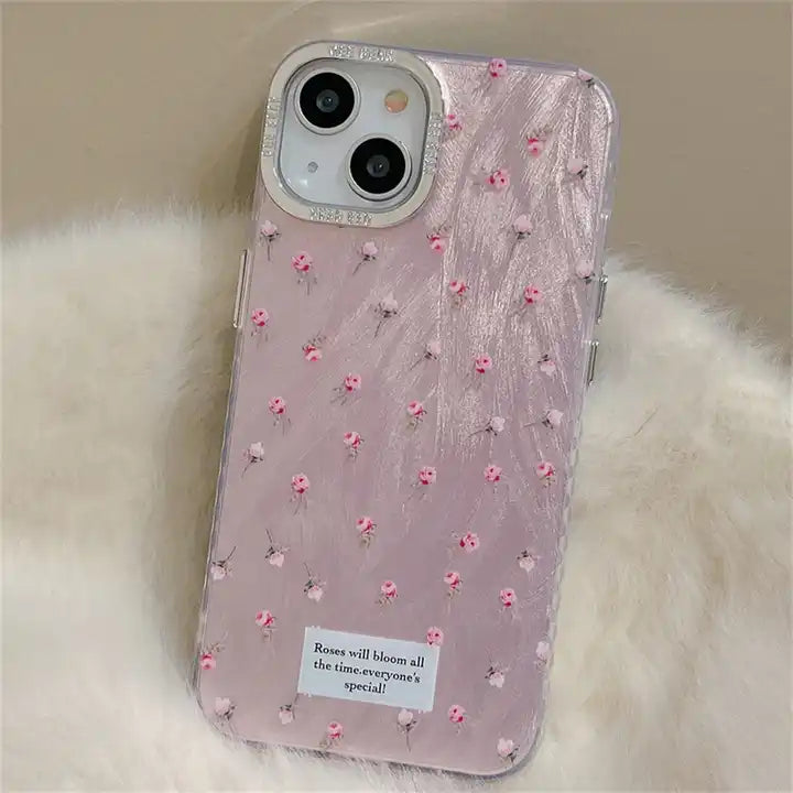 Korean Pink Flower Gradient Case for iPhone with Metal Ring Protection