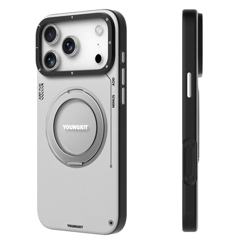 YOUNGKIT Rotating Magsafe Stand Shockproof TPU + PU Leather Phone Back Cover for iPhone 17 ProMax / 18 Pro Max - GREY