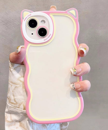 Cute Curly Wave Frame Case with 3D Cat Ears Soft Silicon Clear Case for iPhone