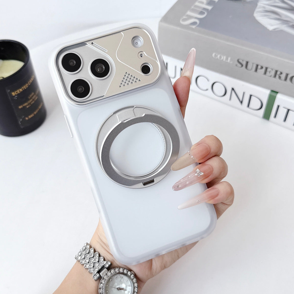 Dual Colour Matte Finish MagSafe 360° Rotating Stand With Metal Camera Cover Hard Case For iPhone 17 Pro Max / 18 Pro Max (Silver)
