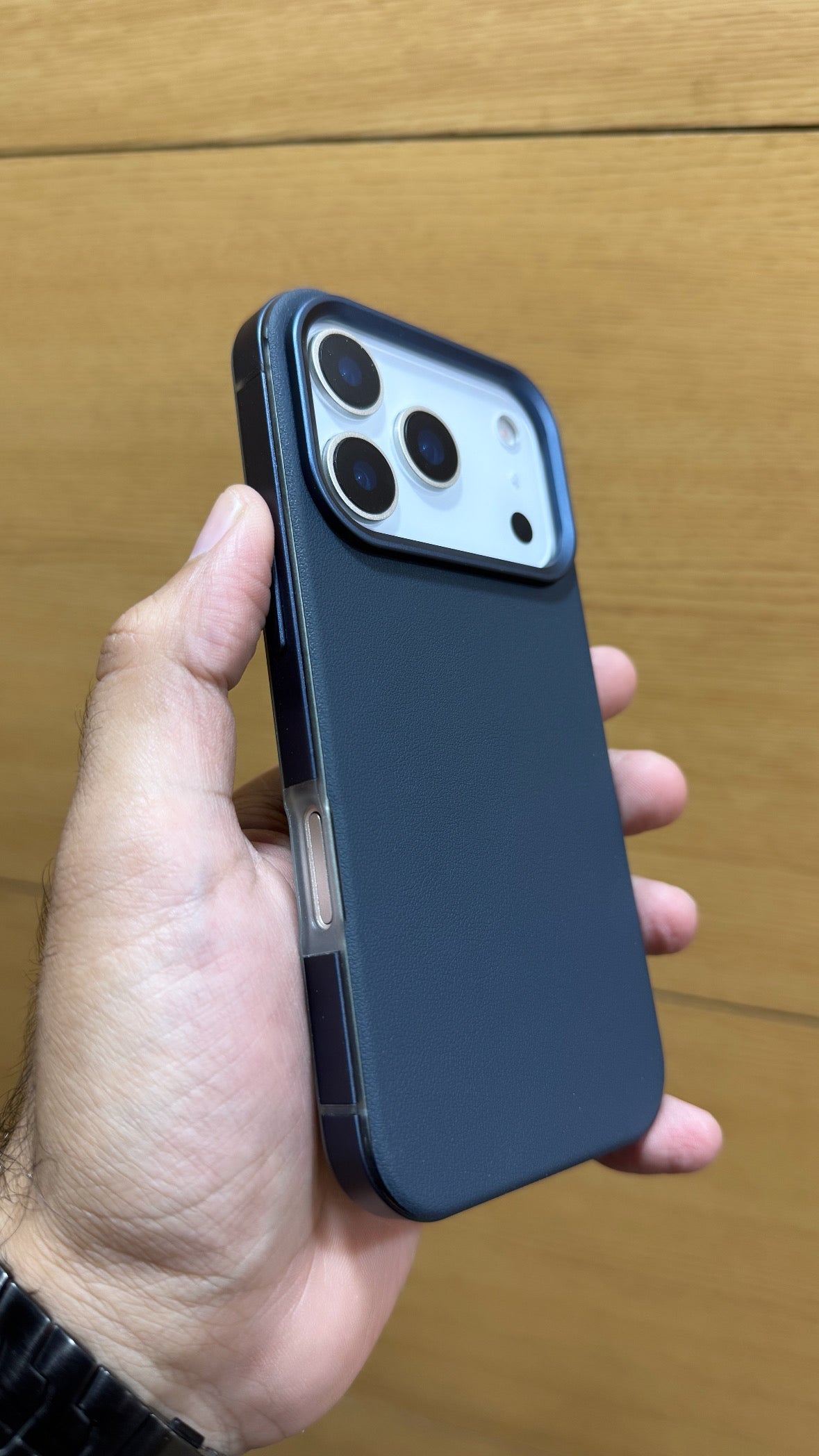 Protective Apple iPhone Back Cover - PU Leather Finish Metal Alloy Bumper Case for iPhone 17 Pro (BLUE) - Style 2