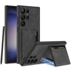 Ultra Hybrid Premium Leather Card Holder Kickstand Case for Samsung Galaxy S24 Ultra Back Case-Black Mobile Case by CoverMeUp - Style 14