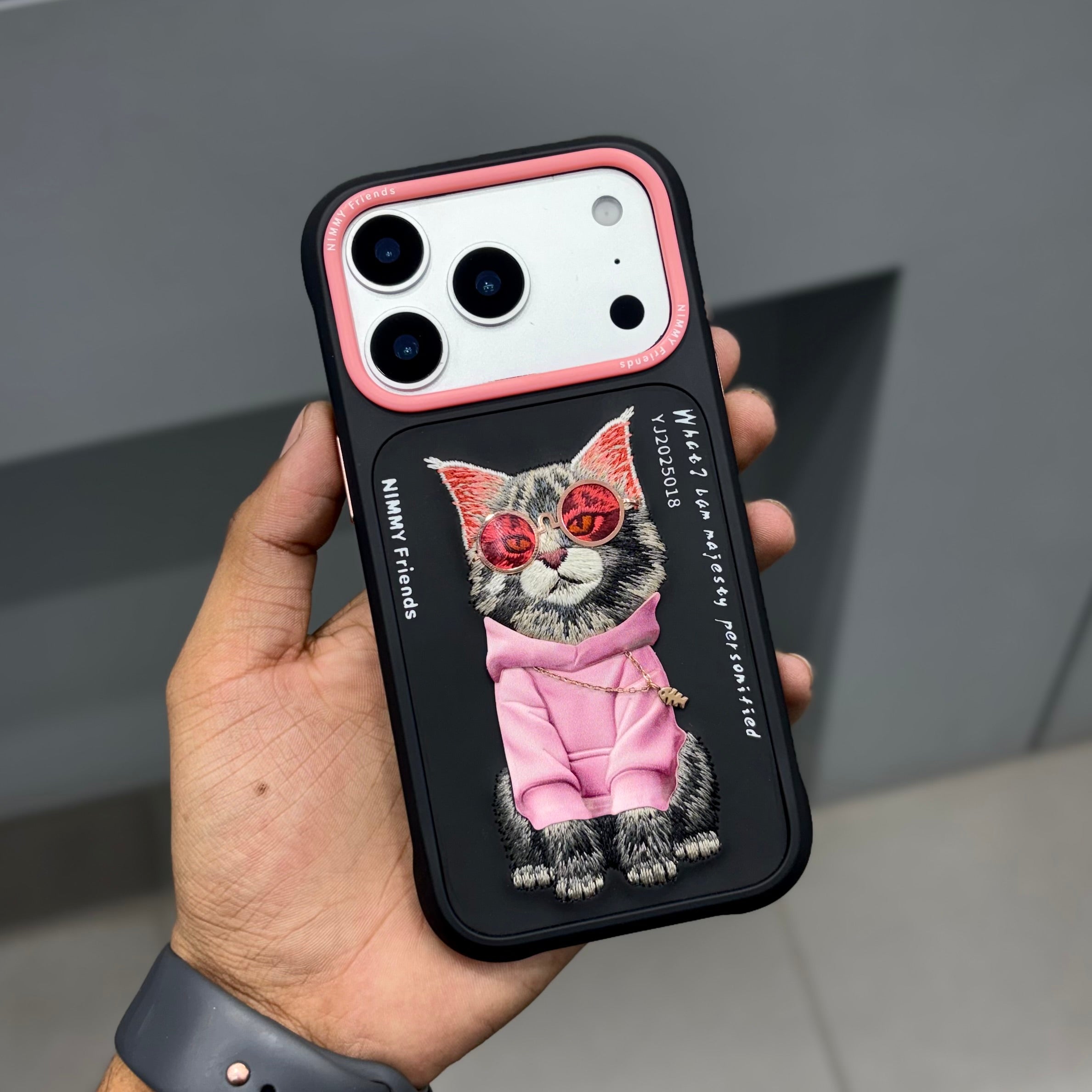 Nimmy Premium Embroidered Leather Case - NIMMY CAT CHAIN CASE- BLACK PINK ( No. 2539 )