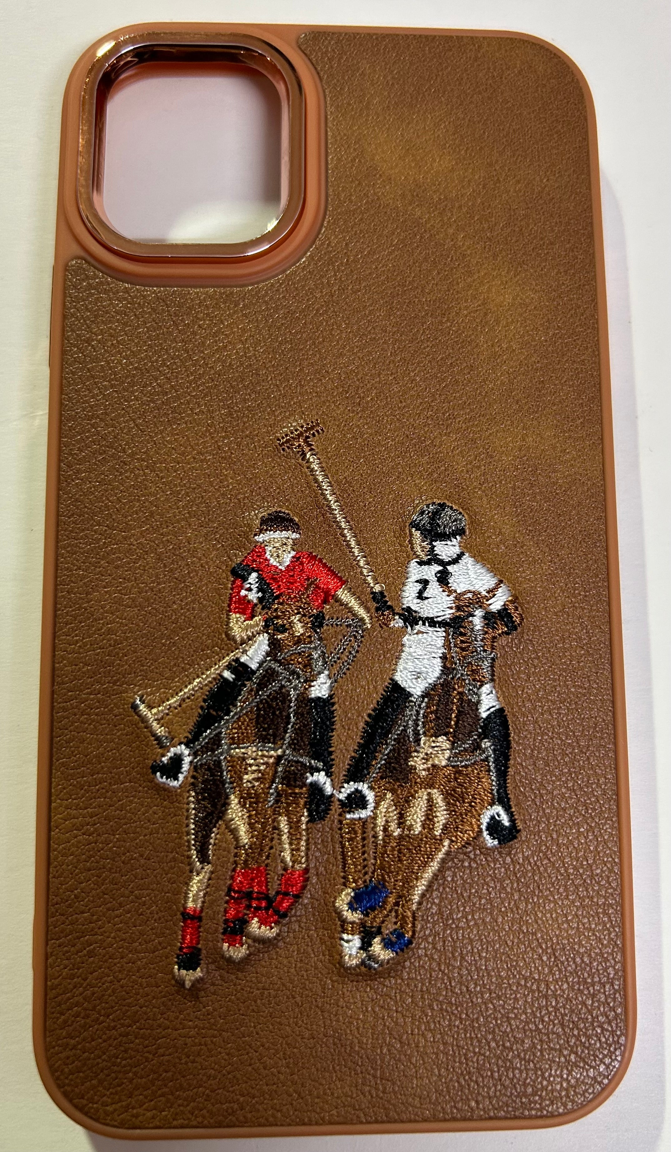 Embroidered Horse Series Leather Back Case Compatible with iPhone with metal ring protection