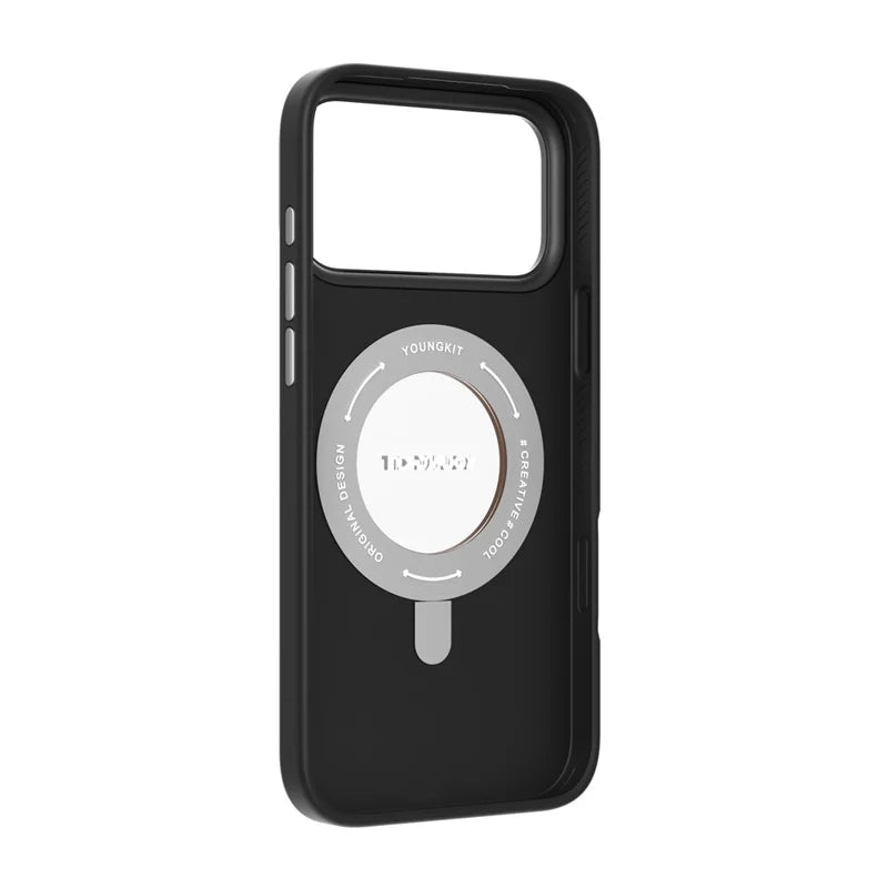 YOUNGKIT Rotating Magsafe Stand Shockproof TPU + PU Leather Phone Back Cover for iPhone 17 ProMax / 18 Pro Max - BLACK