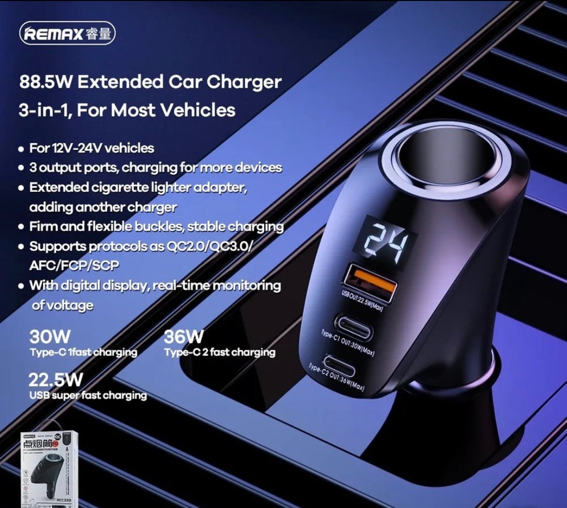 Fast Car Charger with Digital Display – 3 Output Ports