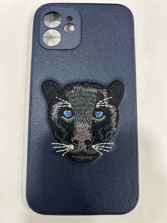 3D Embroidered Black Panther Series Luxury Leather Hard Back Case Cover for iPhone.