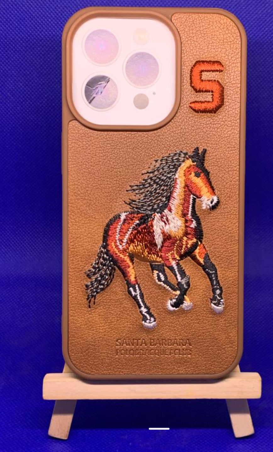 Boris Series Horse Embroidered Leather Back Silicon Hard Case for iPhone.