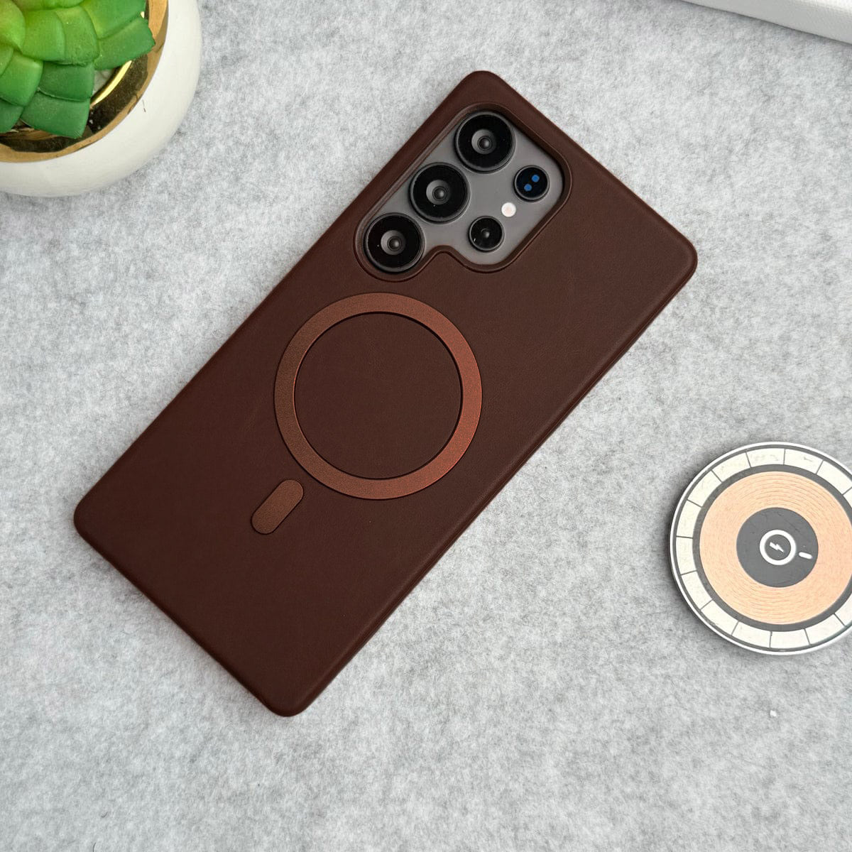 Samsung Galaxy S26 Ultra Leather Case with Metal Magsafe Ring - Brown Mobile Case by CoverMeUp - Style 2