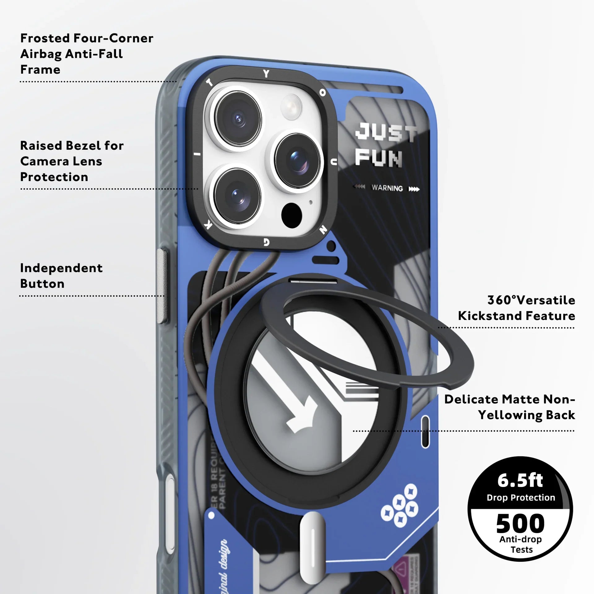 Protective Apple iPhone Back Cover - YOUNGKIT Cyberpunk 360° Rotation Ring Stand Case for iPhone 16 Pro Max (Blue) - Style 3