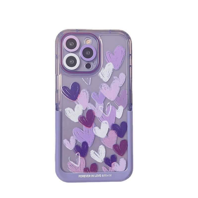 Protective Apple iPhone Back Cover - Hearts Purple Holder Stand Semi-Transparent iPhone Case - Style 5
