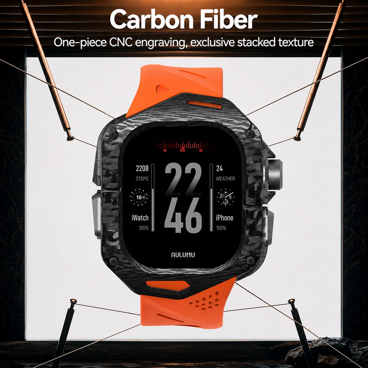 Aulumu A01 Case with Band for Apple Watch Ultra 1/2/3 | Carbon Fiber Cover | FKM Band