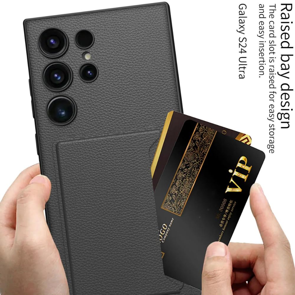 Ultra Hybrid Premium Leather Card Holder Kickstand Case for Samsung Galaxy S24 Ultra Back Case-Black Mobile Case by CoverMeUp - Style 9
