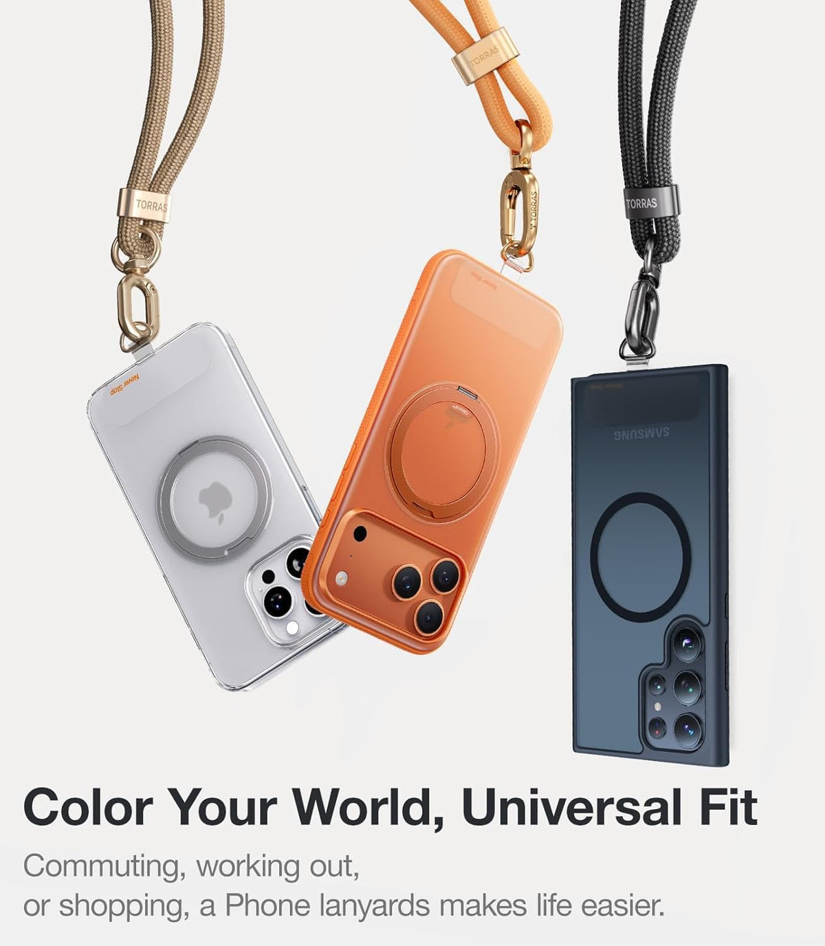 TORRAS Universal Phone Lanyard Crossbody with 2 Reinforced Tabs - Premium Adjustable Lanyard for Mobile, Anti-Theft High-Strength 8mm Rope - Khaki
