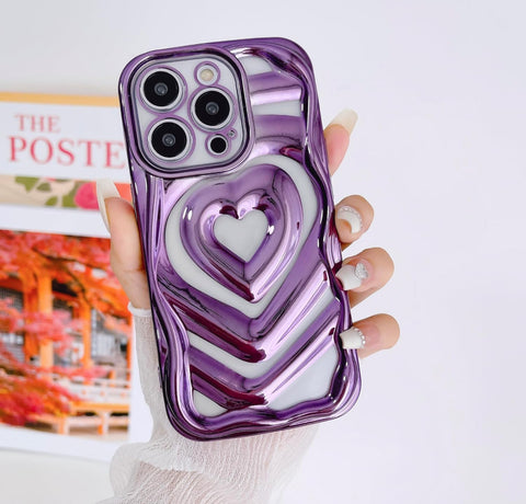 Clear Cute 3D Love Heart Pattern Purple Glitter Bling Soft Silicone Shockproof Girls Women Case for iPhone