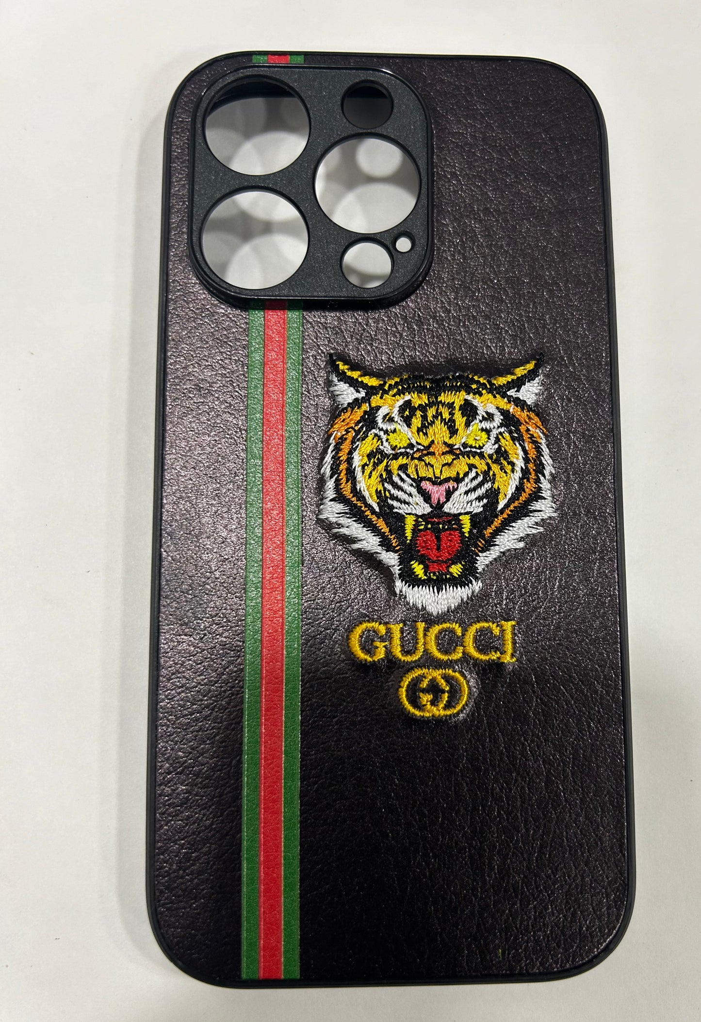 3D Embroidered Animal Print with famous fashion logo Leather Back Hard Silcon Case Compatible with iPhone