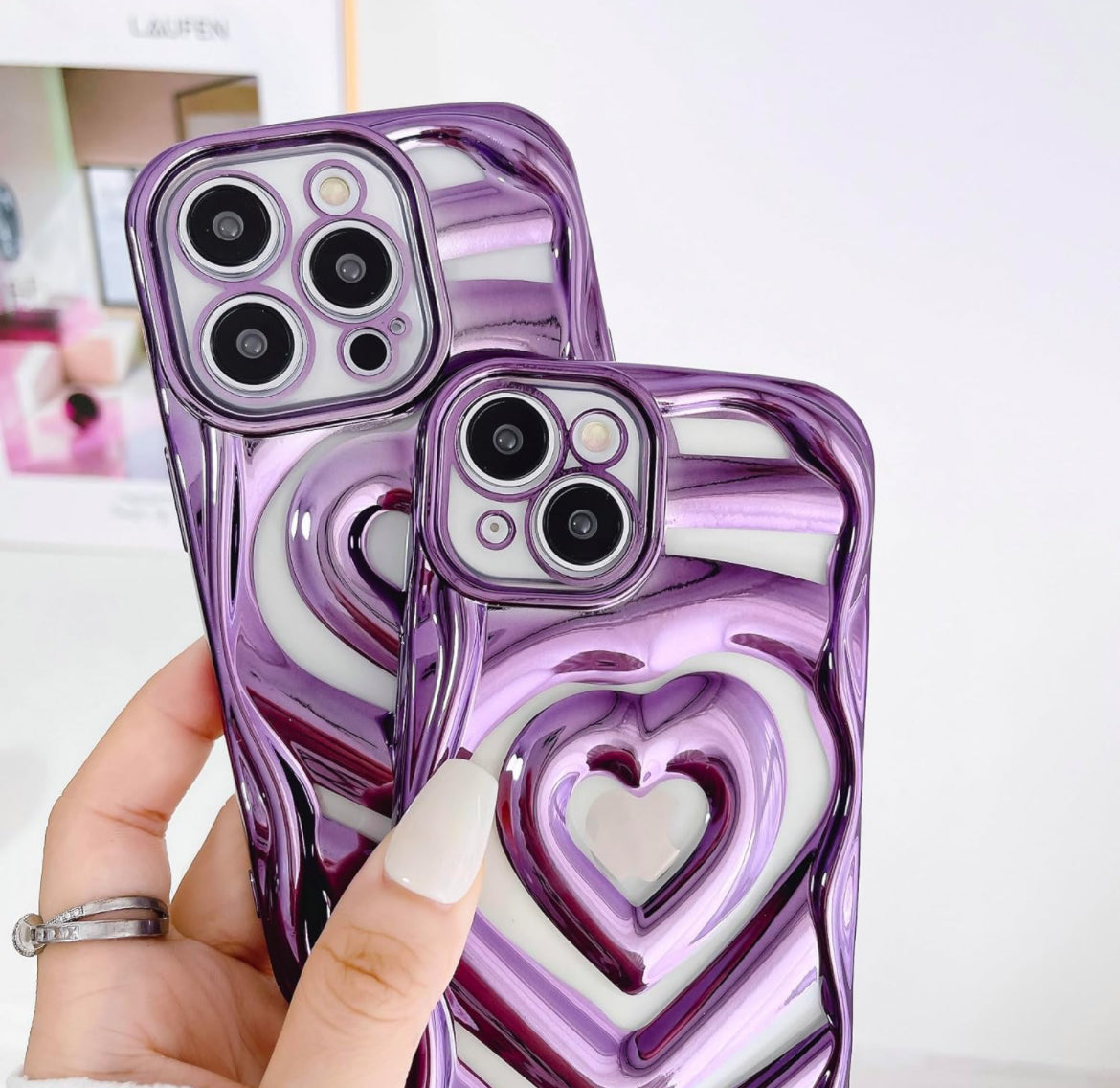 Clear Cute 3D Love Heart Pattern Purple Glitter Bling Soft Silicone Shockproof Girls Women Case for iPhone