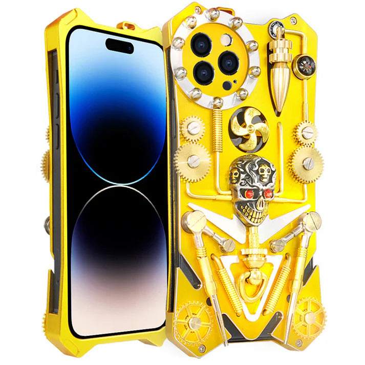 SKULL Armor Metal Phone Cover , Mechanical Gear Handmade Skull Drop Proof Phone Case for iPhone 15 Pro Max